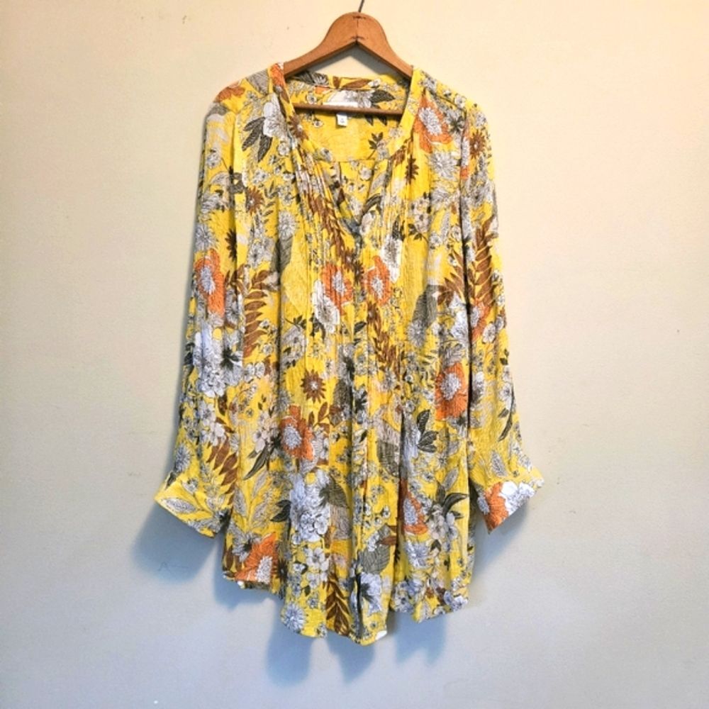 Kim Rogers Curvy Tunic Top Womens Size 1X Yellow Floral 3/4 Rolltab Sleeves